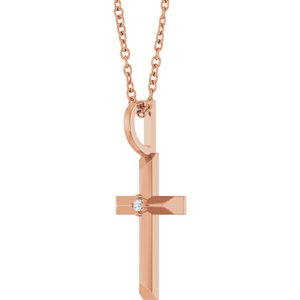 14K Rose Gold .0075 CT Natural Diamond Cross 16-18" Necklace
