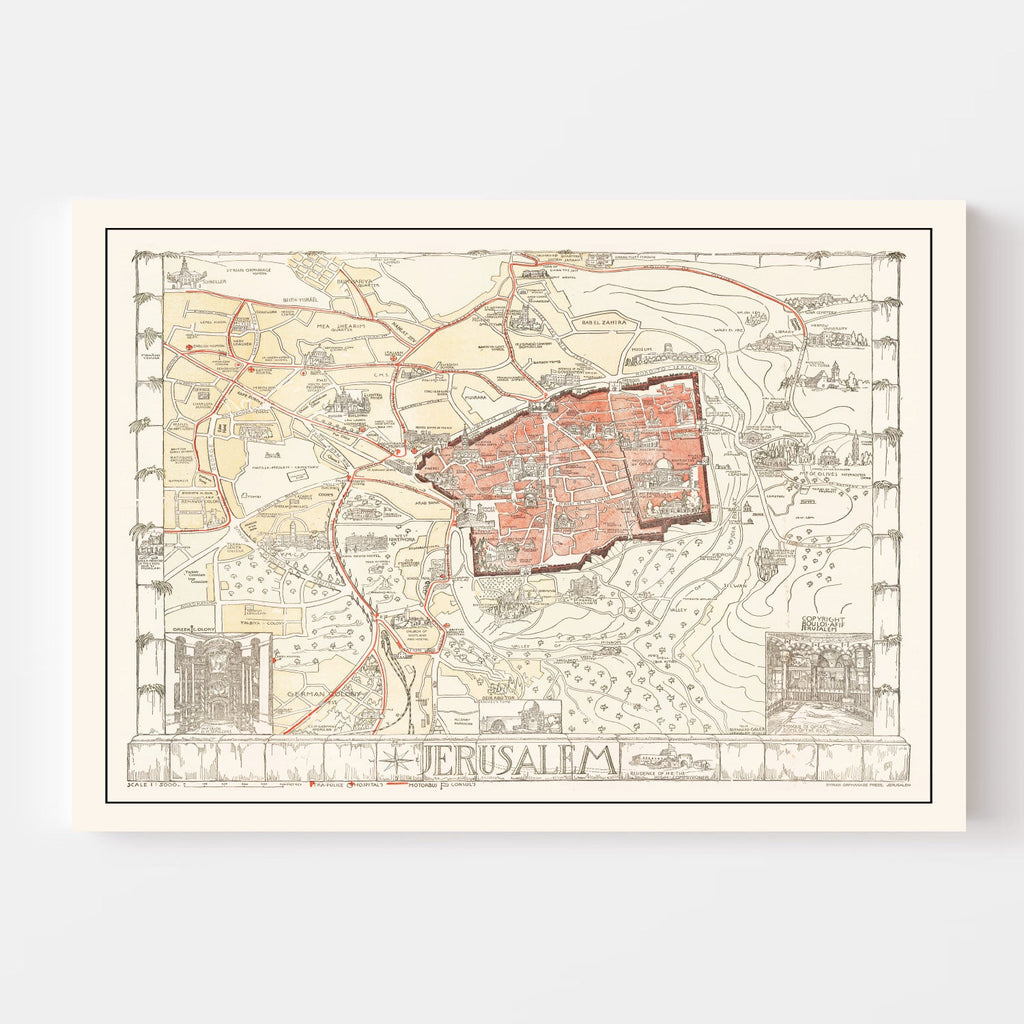 Vintage Map of Jerusalem, Israel 1935