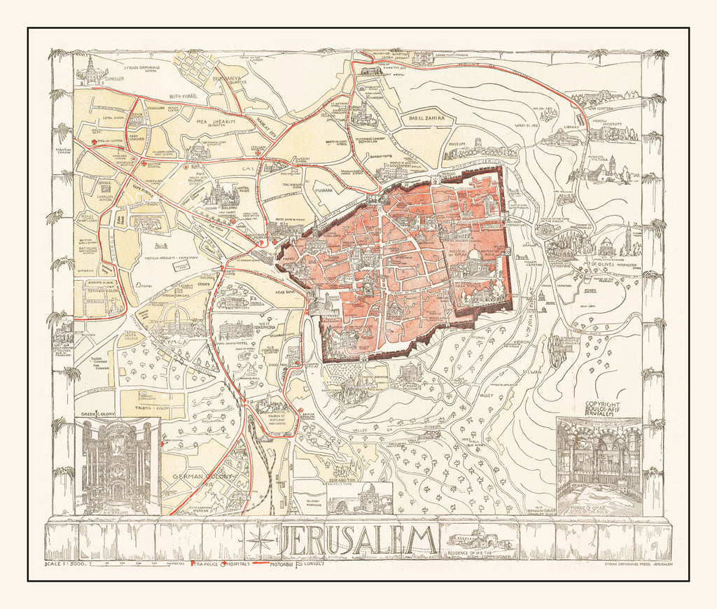 Vintage Map of Jerusalem, Israel 1935