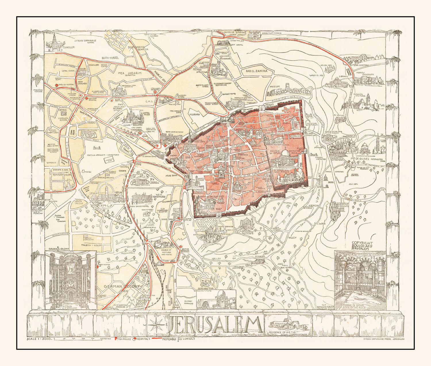 Vintage Map of Jerusalem, Israel 1935