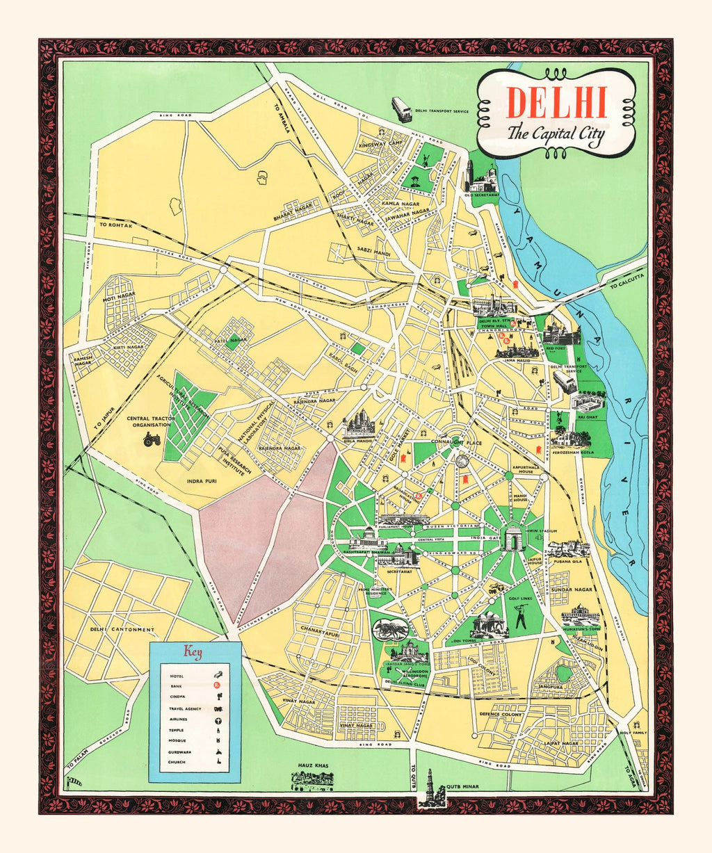 Vintage Map of Delhi, India 1960