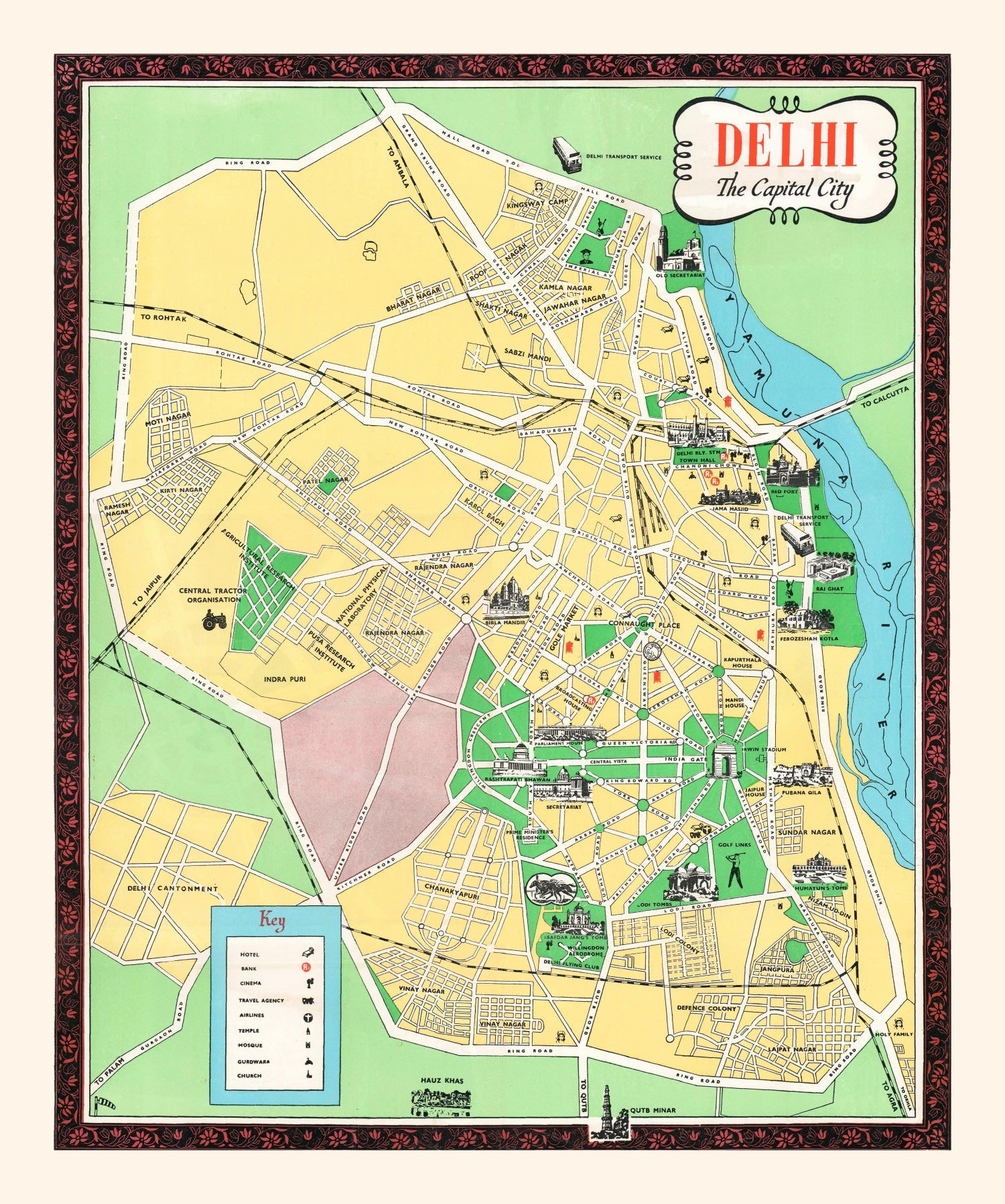 Vintage Map of Delhi, India 1960