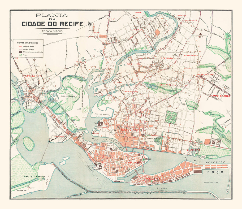 Vintage Map of Recife, Brazil 1914