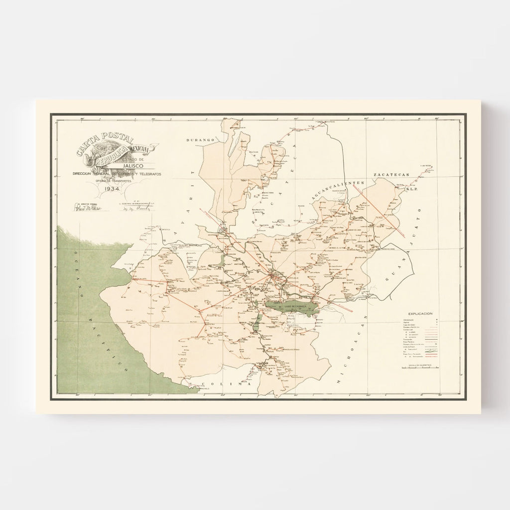 Vintage Jalisco Mexico Map 1934