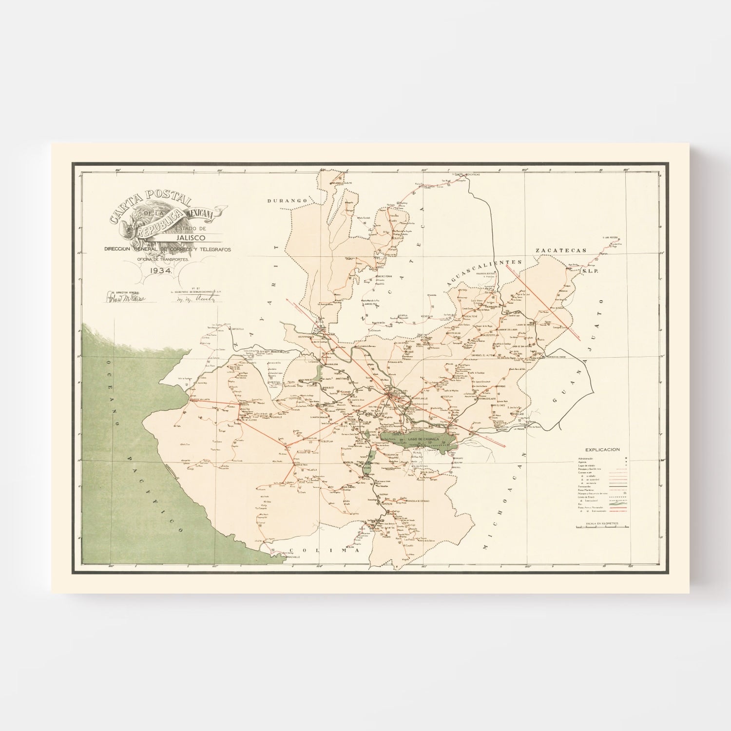 Vintage Jalisco Mexico Map 1934