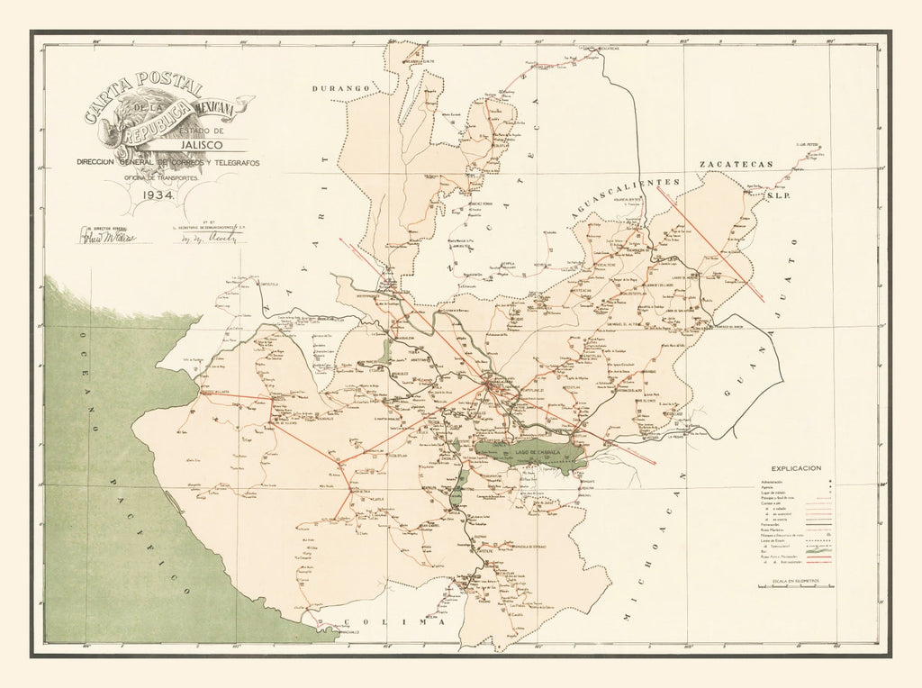 Vintage Jalisco Mexico Map 1934