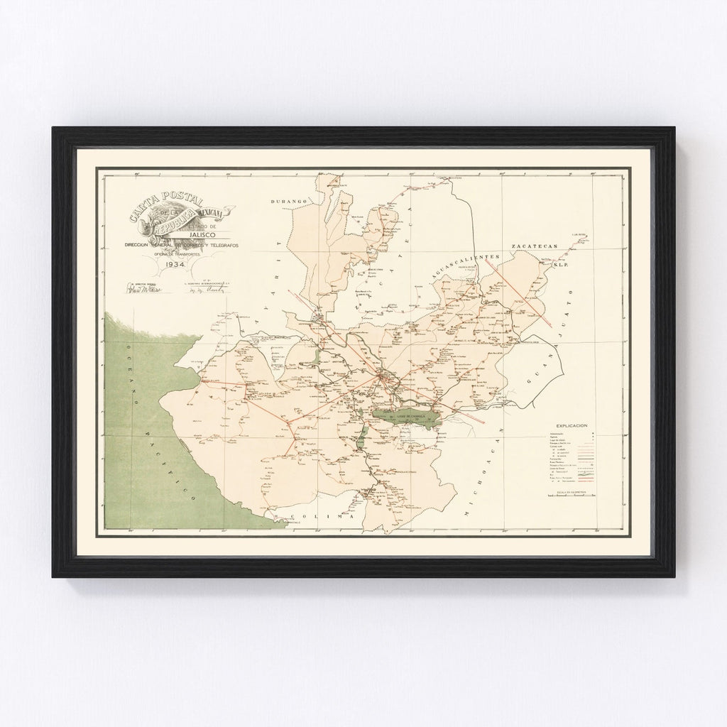Vintage Jalisco Mexico Map 1934