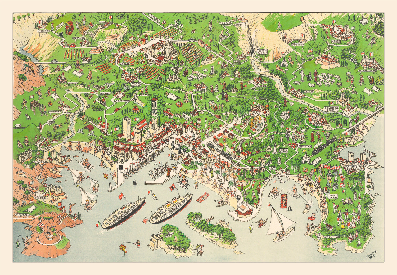 Vintage Map of Cannes, France 1953