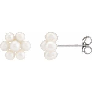 14K White Gold Cultured White Freshwater Pearl Flower Earrings