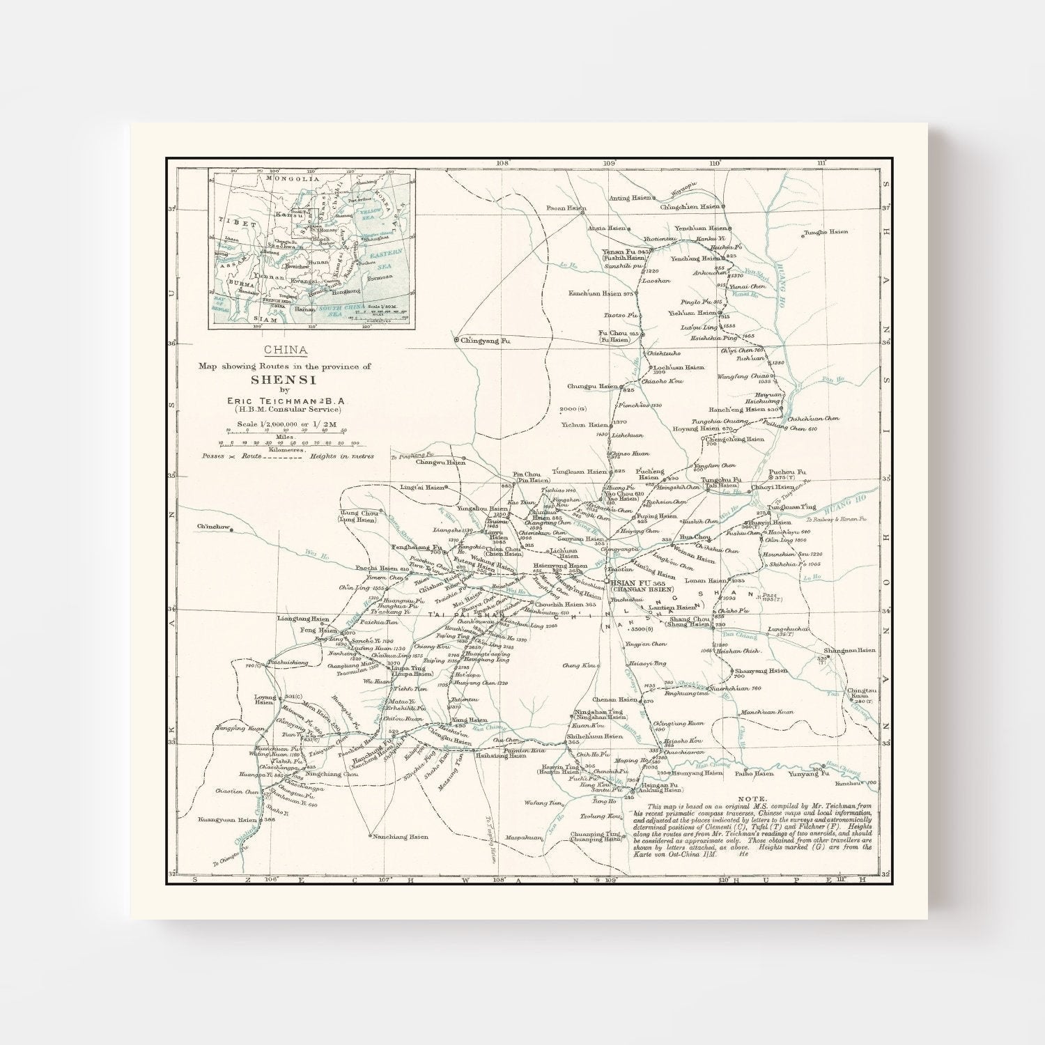 Vintage Shaanxi, China Map 1918