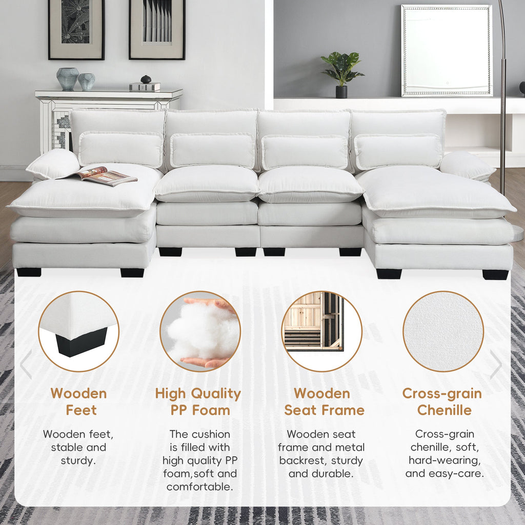 Modern U-shaped Sectional Sofa with Waist Pillows, 6-Seat Upholstered Symmetrical Sofa Furniture, Sleeper Sofa Couch with Chaise Lounge, Chenille and Velvet Options