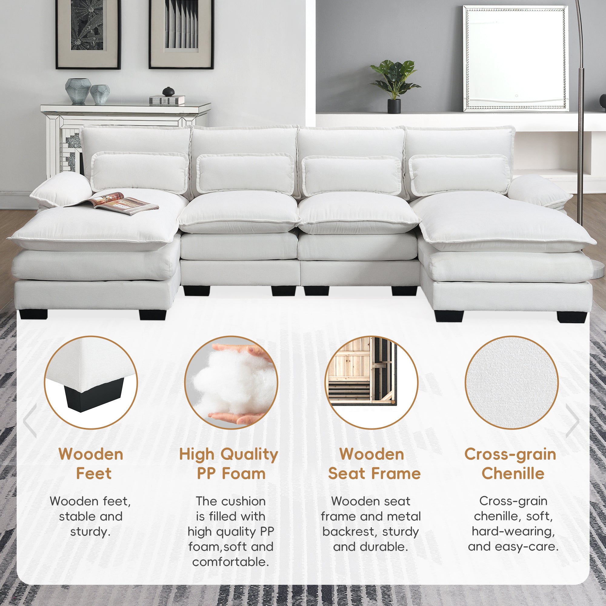 Modern U-shaped Sectional Sofa with Waist Pillows, 6-Seat Upholstered Symmetrical Sofa Furniture, Sleeper Sofa Couch with Chaise Lounge, Chenille and Velvet Options