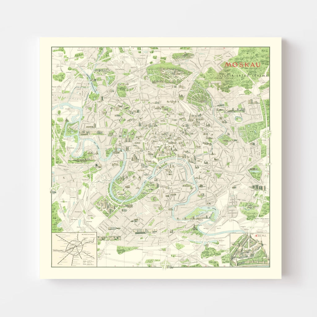 Vintage Map of Moscow, Russia 1968