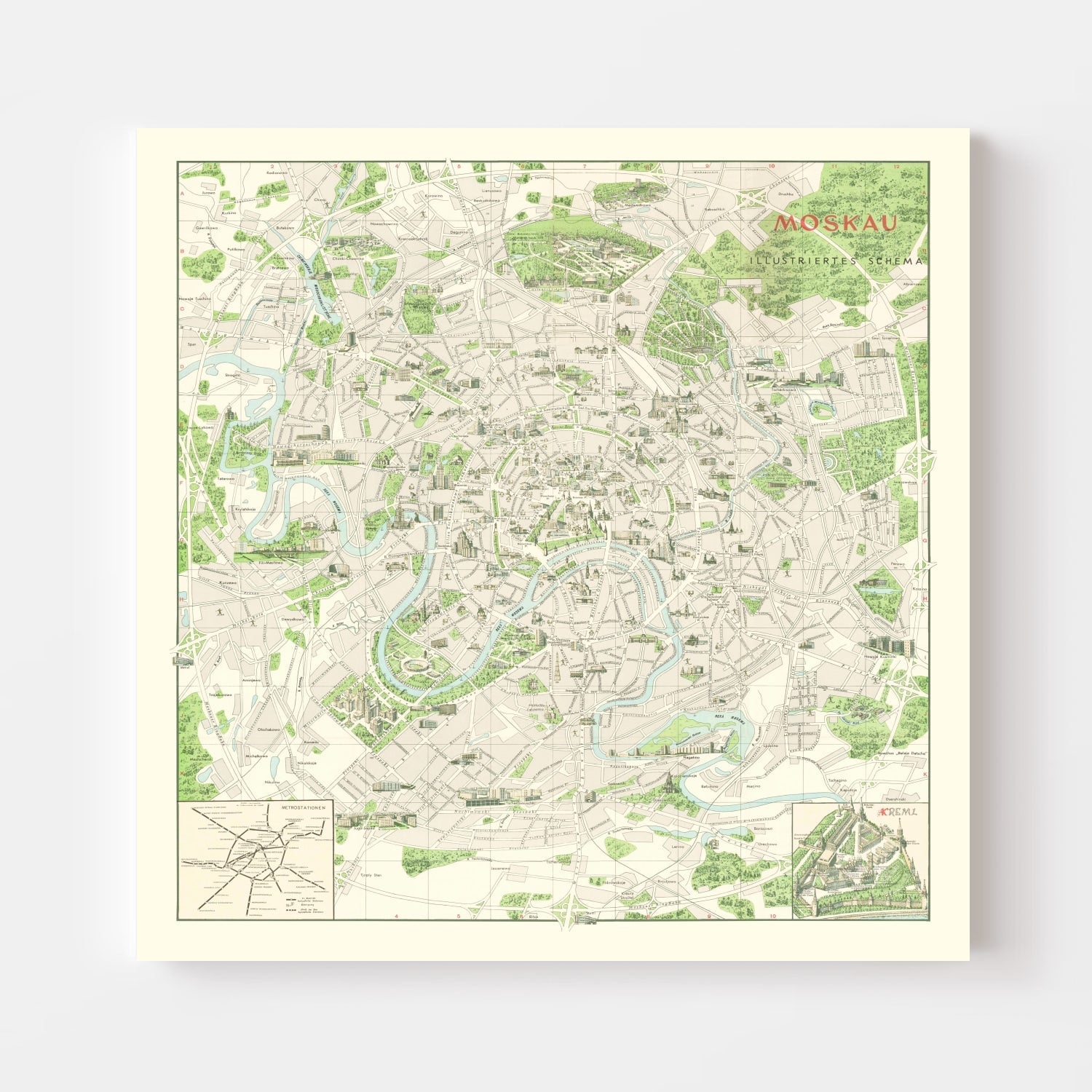 Vintage Map of Moscow, Russia 1968