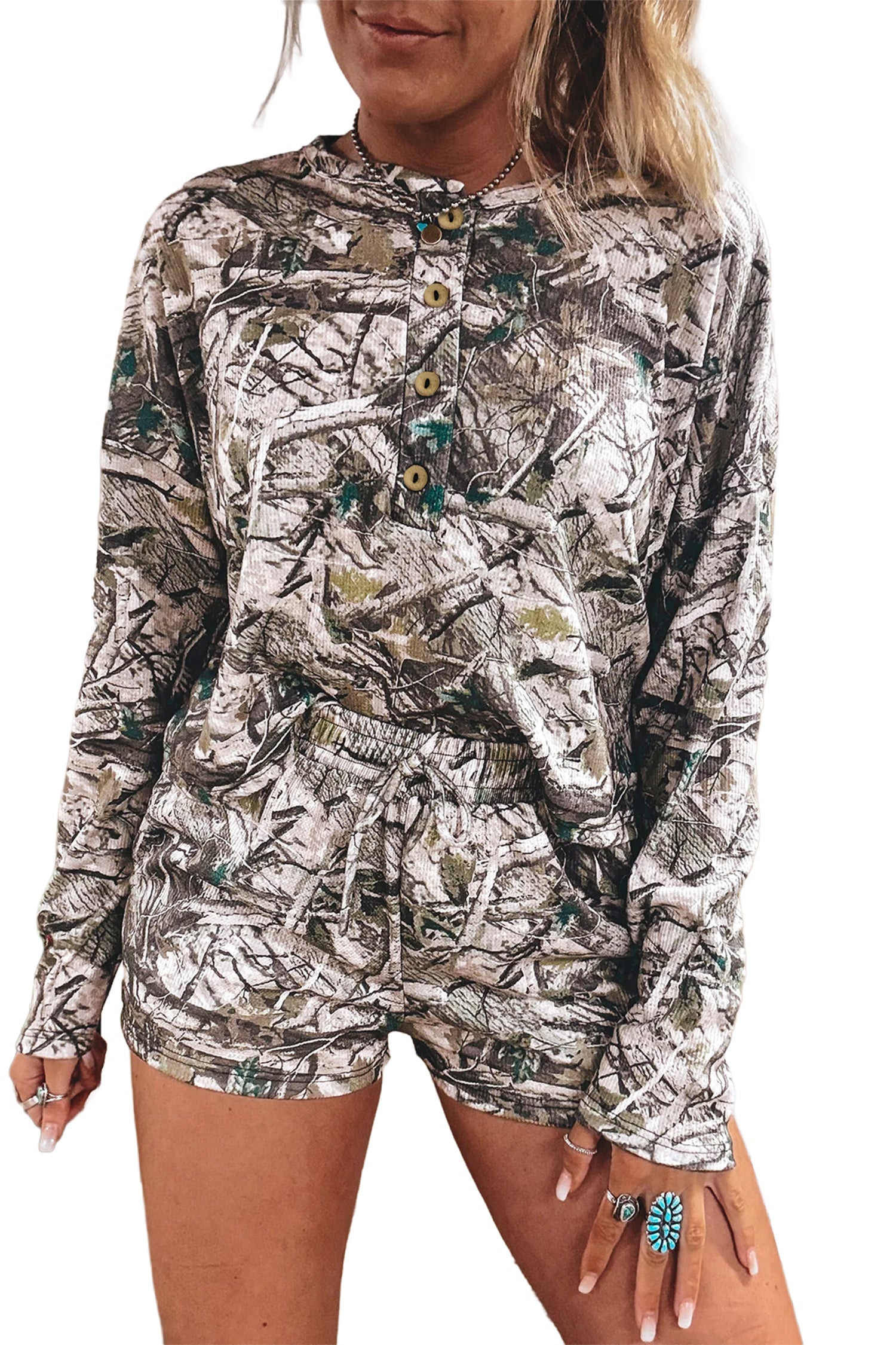 Camo Long Sleeve Top & Elastic Waist Shorts Set