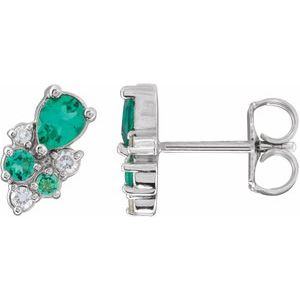 Sterling Silver Lab-Grown Emerald & .07 CTW Lab-Grown Diamond Cluster Earrings