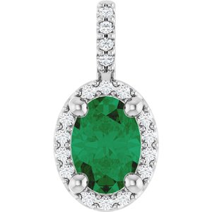 14K White Gold Lab-Grown Emerald & .07 CTW Natural Diamond Halo-Style Pendant