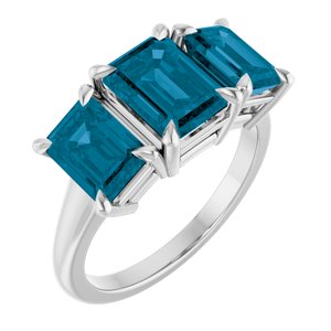 14K White 8x6 mm Emerald Natural London Blue Topaz Three-Stone Ring