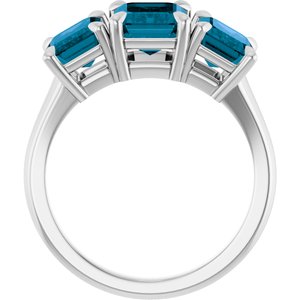 14K White 8x6 mm Emerald Natural London Blue Topaz Three-Stone Ring