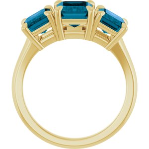 14K Yellow 8x6 mm Emerald Natural London Blue Topaz Three-Stone Ring