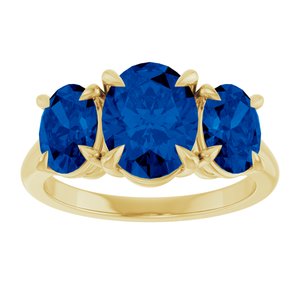 14K Yellow 9x7 mm Oval Lab-Grown Blue Sapphire Three-Stone Ring