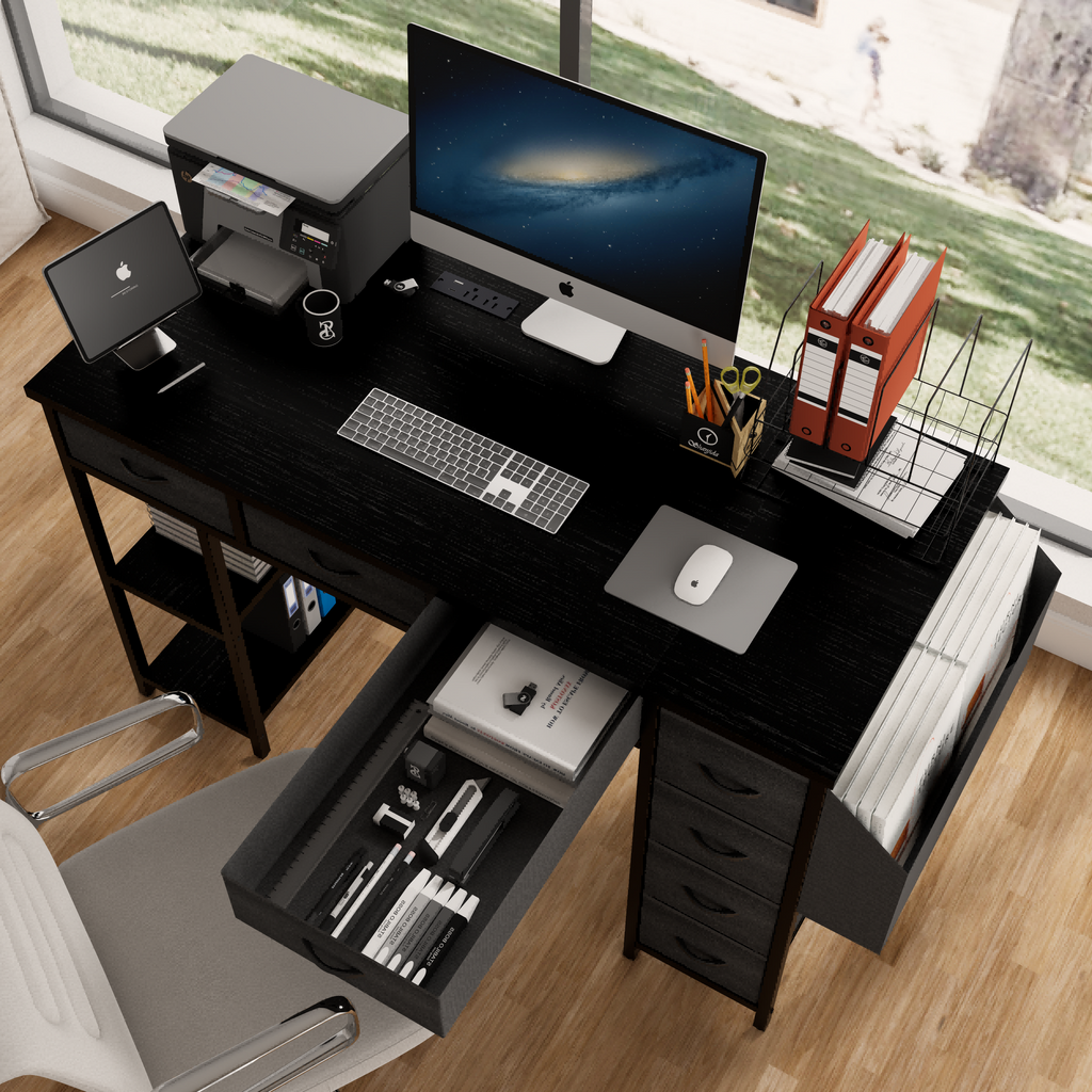 47.3' Computer Desk with 7 Drawers, Extra Large Side Pocket, and Power Outlets – Ideal for Home Office, Study, or Gaming –  Black