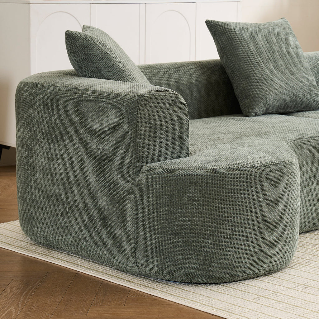 Modern Style Green Curved Sofa, Soft Corduroy Sofa with 3 Pillows, Living Room Milky White Ultra Smooth Curved Fabric Sofa
