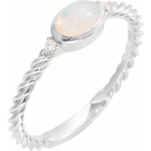 14K White Gold Natural White Opal & .03 CTW Natural Diamond Cabochon Ring