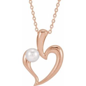 14K Rose Gold Cultured White Akoya Pearl Heart 16-18" Necklace