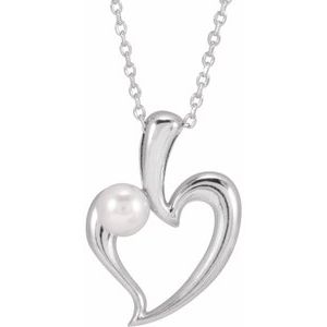 14K White Gold Cultured White Akoya Pearl Heart 16-18" Necklace