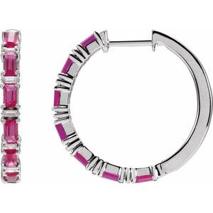 14K White Gold Natural Ruby & 1 1/4 Natural Diamond Hoop Earrings