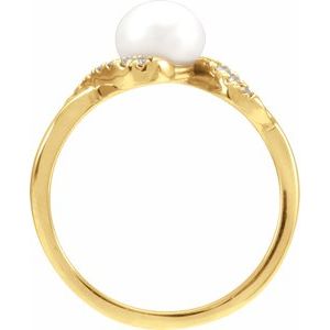 14K Yellow Gold Cultured White Freshwater Pearl & 1/8 CTW Natural Diamond Ring
