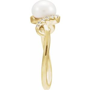 14K Yellow Gold Cultured White Freshwater Pearl & 1/8 CTW Natural Diamond Ring