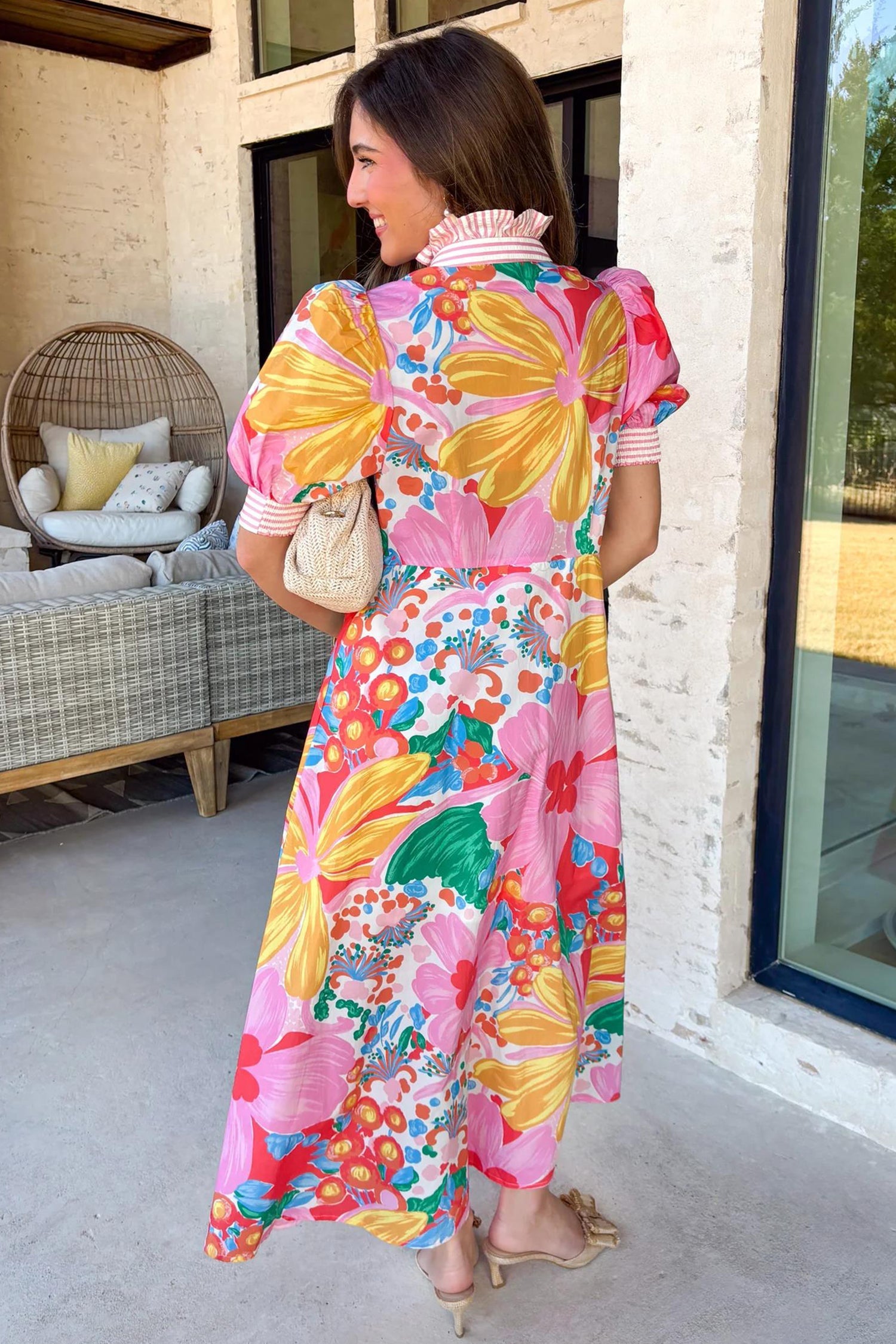 Floral Stripe Trim Puff Sleeve Buttoned Maxi Dress