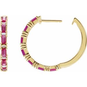 14K Yellow Gold Natural Ruby & 1 1/4 Natural Diamond Hoop Earrings