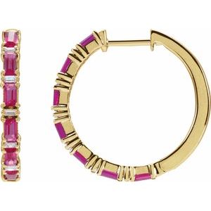 14K Yellow Gold Natural Ruby & 1 1/4 Natural Diamond Hoop Earrings