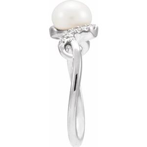 14K White Gold Cultured White Freshwater Pearl & 1/8 CTW Natural Diamond Ring