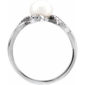 14K White Gold Cultured White Freshwater Pearl & 1/8 CTW Natural Diamond Ring