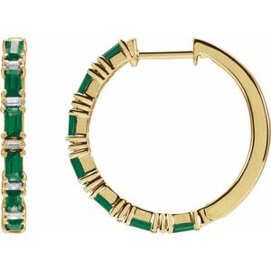 14K Yellow Gold Natural Emerald & 1 1/4 CTW Natural Diamond Hoop Earrings