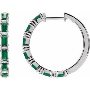 14K White Gold Natural Emerald & 1 1/4 CTW Natural Diamond Hoop Earrings