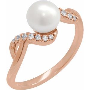 14K Rose Gold Cultured White Freshwater Pearl & 1/8 CTW Natural Diamond Ring