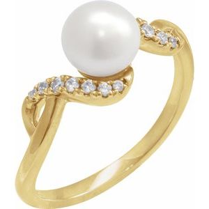 14K Yellow Gold Cultured White Freshwater Pearl & 1/8 CTW Natural Diamond Ring
