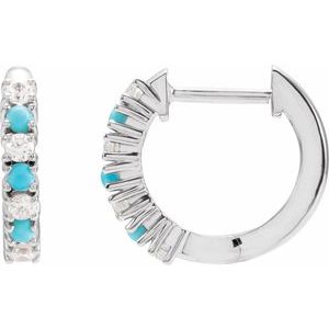14K White Gold Natural Turquoise & 1/3 CTW Natural Diamond Hoop Earrings