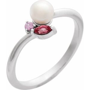 14K White Gold Cultured White Akoya Pearl, Natural Pink Tourmaline & Natural Pink Sapphire Ring