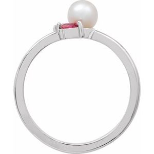 Sterling Silver Cultured White Akoya Pearl, Natural Pink Tourmaline & Natural Pink Sapphire Ring