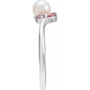 Platinum Cultured White Akoya Pearl, Natural Pink Tourmaline & Natural Pink Sapphire Ring
