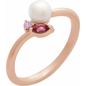 14K Rose Gold Cultured White Akoya Pearl, Natural Pink Tourmaline & Natural Pink Sapphire Ring