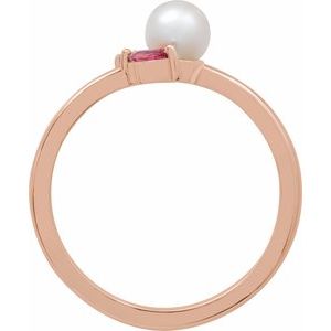 14K Rose Gold Cultured White Akoya Pearl, Natural Pink Tourmaline & Natural Pink Sapphire Ring
