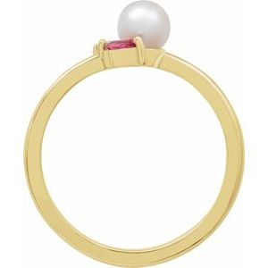 14K Yellow Gold Cultured White Akoya Pearl, Natural Pink Tourmaline & Natural Pink Sapphire Ring
