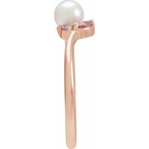 14K Rose Gold Cultured White Akoya Pearl, Natural Pink Tourmaline & Natural Pink Sapphire Ring